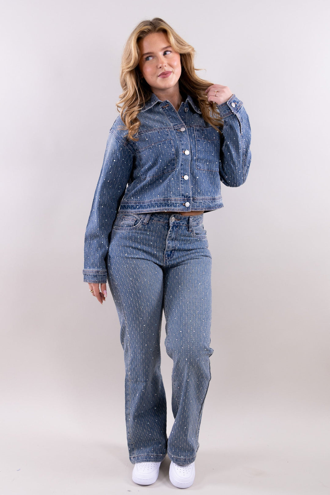 Grace rhinestone denim bluse