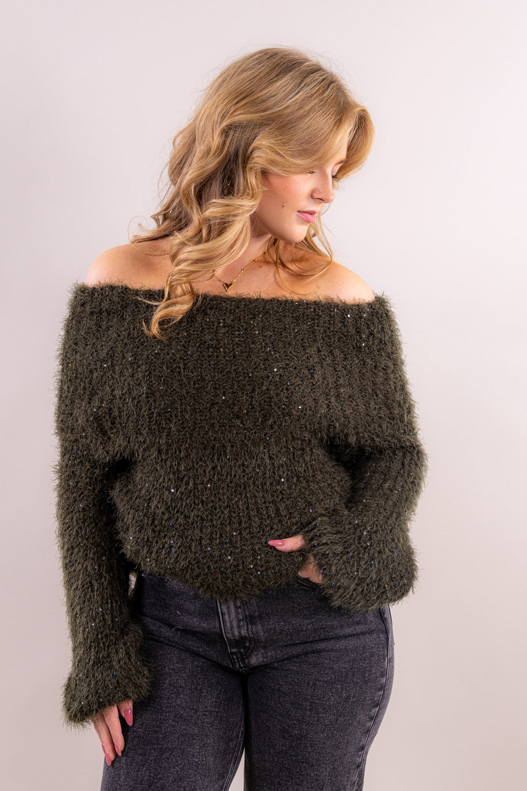 Hanna Glitzer Off Shoulder Strickpullover